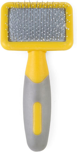 Ancol Ergo Animal Slicker Brush - Grey and Yellow Pet Grooming Tool for Rabbits Guinea Pigs Dogs and Cats - Soft Bristles for Face and Ears - Ergonomic Handle Design - Small