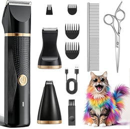 Cat Grooming Clippers Kit, Low Noise Cat Shaver for Matted Fur Claw - Paw Trimmer for Dogs with Stainless Steel Scissors Combs & USB-C Charging Cable, Black