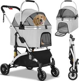 Dog Stroller, Foldable Pet Stroller, 3 in 1 Dog Cat Pushchair with Storage Basket Net Window Cup Holder, 360 ° Wear-Resistant Rubber Wheels Dog Travel Carrier, for Small Dogs & Cats (Silver Grey)