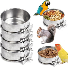 4Pcs Bird Feeding Dish Cups, Detachable Stainless Steel Food Water Bowls with Clamp, Hanging Pet Feeders for Parrots, Cockatiels, Conures and Budgies,10x4.5cm