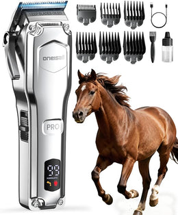 oneisall Cordless Horse Clippers,Ultra Quiet Heavy Duty Horse Clipper,Lightweight Horse Trimmer Shaver Kit for Matted Long Hair,Detachable Stainless Steel Blade Grooming Kit for All Coat Types