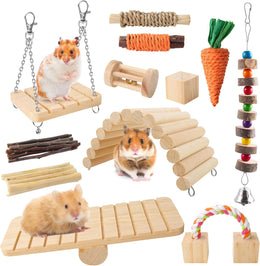 12PCS Hamster Chew Toys Set,Small Animal Molar Wooden Toys,Boredom Breakers Cage Accessories, Dumbbell Bridge Swing Seesaw Apple Wood Ladder Bell for Rat Guinea Pig Chinchilla Gerbils Rabbit