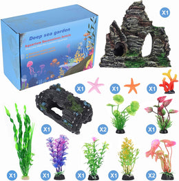 QZQ Aquarium Decorations Plastic Plants 14 PCS Fish Tank Plants Fish Tank Decorations Accessories Decor Set with Resinous Rockery Hideouts Coral Aquarium Plants and Resin Starfish