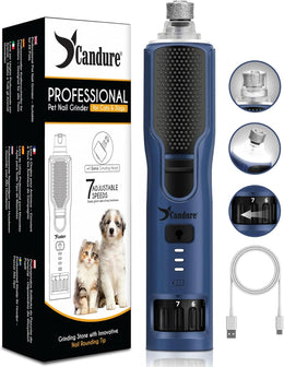 Candure Dog Nail Grinder Upto 7-Speed Dog Nail Trimmer for Large, Medium, Small Dogs, Cats & Pets - Low Noise Rechargeable Dog Claw Grinder with 360° LED Lights & Extra Grinder Head