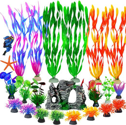 IMAGINE 23 Pack Aquarium Ornament Set, Colourful Large and Mini Artificial Plastic Plants, Rock Cave Hideaway, Complete Betta Fish Tank Decor Kit