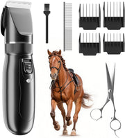 Cordless Horse Clippers for Thick & Matted Coats, 7.4V Powerful Low-Noise Grooming Clippers with Titanium-Ceramic Blade & Long-Lasting Battery Kit