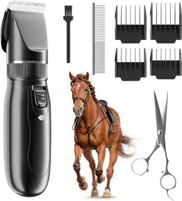 Cordless Horse Clippers for Thick & Matted Coats, 7.4V Powerful Low-Noise Grooming Clippers with Titanium-Ceramic Blade & Long-Lasting Battery Kit