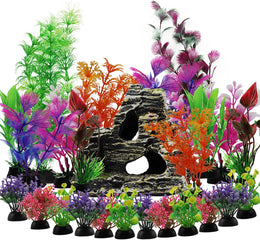 QUOZUO 25pcs Aquarium Decorations Plants with Rockery View, Aquarium Decor Plastic Plants and Rock Cave Hideout Ornaments, Fish Tank Accessories Plants for aquariums