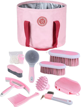Harrison Howard Horse Grooming Kit 9-Piece Equine Care Series Horse Brush Sets with Organizer Tote Bag Pink