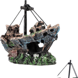 Artificial Plant, Aquarium Decoration, Small Realistic Shipwreck & Artificial Plants Set, 3 Count, White