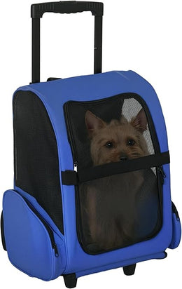 PawHut Pet Travel Backpack Bag Cat Puppy Dog Carrier w/ Trolley and Telescopic Handle Portable Stroller Wheel Luggage Bag (Blue)