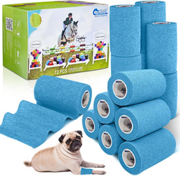 Equimed 12pc Vet and Pet Self Adhesive Bandage Wrap - Stretchy, Strong and Cohesive Non-Woven Individually Wrapped Conforming Compression Aid for Horse, Dog and Animal Athletic Relief (Lake Blue)