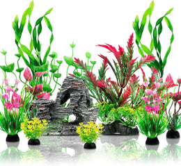 QUOZUO Pack of 12 Artificial Plants Decoration for Aquarium, Plastic Plants with Resin Cave, Fish Tank Accessories