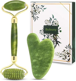 100% Natural Jade Stone Roller and Gua Sha Set with Vitamin C Serum | Great for Eye Puffiness Treatment, Skin Tightening, Anti Aging, Rejuvenate Face & Neck | Beauty Gift for Women (Green)