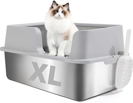 FURRYPAWS XL Stainless Steel Cat Litter Tray with Lid，50L Extra Large Metal Cat Litter Box for Big Cats ，61x41x30cm, High Sided Litter Tray, With Litter Scoop