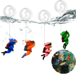 4 Mini Fish Tank Decorations - Floating Diver with Water Globes and Fish Line, Resin Aquarium Accessories