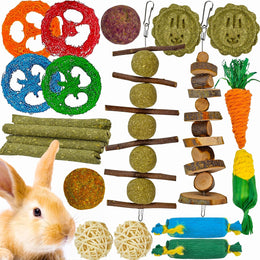 21-Pack Rabbit Toys Set, Natural Rabbit Chew Toys Boredom Breakers for Bunny, Hamster, Guinea Pig and Chinchilla, Apple Wood Timothy Hay Sticks Treating for Rabbit and Small Animals Teething