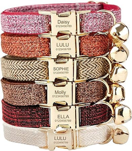 Personalized Cat Collar – Custom Engraved Name & Phone Number, Soft Adjustable Fabric, Secure Metal Buckle (Tweed)