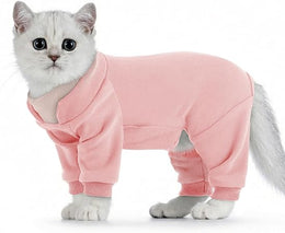 Cat Recovery Suit, Cats Overgrooming Suit with Legs, Cat Onesie Sticky Hair Suit Post Surgery, Full Coverage Warm Fleece Dress to Stop Licking, Pink S
