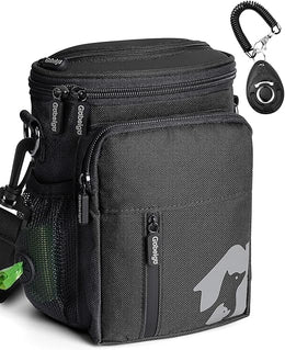 Gobeigo 8 Cup Dog Treat Pouch and Training Clicker, Dog Walking Bag with Phone Holder, Built-in Poop Bag Dispenser, 3 Ways Wearable Pet Fanny Pack for Outdoor Travel(Gray & Black) (Black)