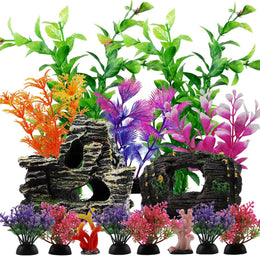 QUOZUO Fish Tank Decorations Plants with Resin Barrel and Cave Rock View, 15pcs Aquarium Decorations Plants Plastic, Fish Tank Accessories, Fish Hideout Ornaments Aquarium Decor