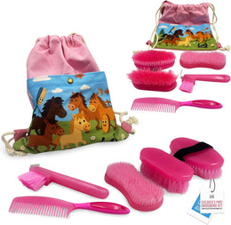 Children's Horse Grooming Kit with Bag - Pony Gift Set Includes Curry Comb, Hoof Pick, Brushes and Comb - Available in Blue or Pink - Ideal Kids Grooming Kit Horse Present Gift - Pink