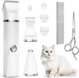 Cat Grooming Clippers Kit, Low Noise Cat Shaver for Matted Fur Claw - Paw Trimmer for Dogs with Stainless Steel Scissors Combs & USB-C Charging Cable