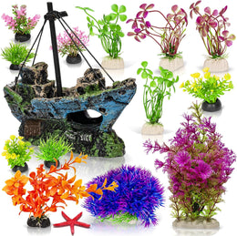 Fish Tank Accessories – 13 Faux Aquarium Plants and Resin Shipwreck – Colourful – Safe for Fish – Easy to Clean Fish Tank Decorations