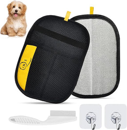 Pet Hair Removal Glove 2 Pack – Reusable Electrostatic Dog & Cat Grooming Gloves – Double Sided Deshedding Pet Glove For Furniture, Bed, Carpet, Clothes, Sofa – Includes 2x Hooks and Comb