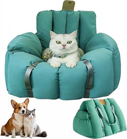 Cat Car Seat Portable Travel Small Dog Carrier Bag with Extendable Rest Area Safety Leash Reversible Cushion and Storage Pockets