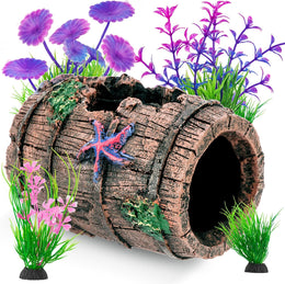 Fish Tank Decorations, Betta Fish Tank Accessories Aquarium Ornaments, Broken Barrel Cave Decor, Starfish Barrel x 1, Fish Tank Plants x 4