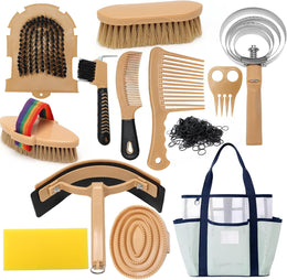 13Pcs Horse Grooming Kit with Mesh Tote Bag, Shower Brushes, Braiding and Curry Comb, Sweat Scraper, Hoof Pick, Shedding Massaging Horse Grooming and Bathing Tool Supplies for Riders Beginners
