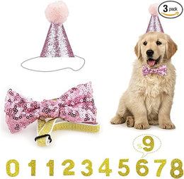 Dog Birthday Hat, Reusable Dog Cat Party Hat with Bow Tie Collar and Blue Number for Pet Puppy Cat Birthday Party Decorations, Pet Costumes Headwear Accessories (Pink)