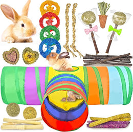 26-in-1 Natural Rabbit Toys with Rabbit Tunnel Set, Various Chew Toys Boredom Breakers Collapsible Tunnel and Hides for Rabbits, Hamster, Guinea Pig Small Animals Teething Activity