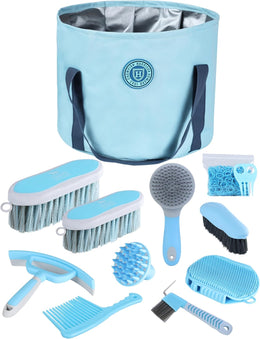 Harrison Howard Horse Grooming Kit 9-Piece Equine Care Series Horse Brush Sets with Organizer Tote Bag Soft Blue