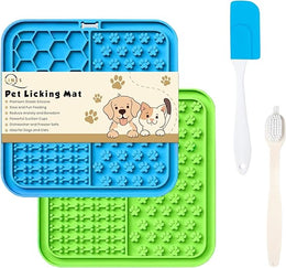 Licky Mats for Dogs Pack of 2 Licky Mats for Dogs with Strong Suction Cup - Slow Pet Feeder for Food, Peanut Butter Includes Spatula & Brush - Perfect for Grooming & Training (Blue/Green)