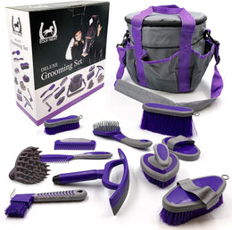 Horse Grooming Kit – 12 Pieces Equestrian Grooming Gift Set that Includes All Types of Horse Hair Brush, Curry Comb, and Hoof Pick with a Multipurpose Horse Grooming Bag