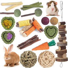 YIXUND Rabbit Toys Guinea Pig Toys Hamster Toys Bunny Toys 18Pcs Natural Timothy Hay Sticks Apple Wood Sticks Chinchilla Toys for Teeth Care Handmade