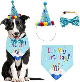 Dog Birthday Bandana Set, with Cute Doggie Birthday Party Hat and Bow Tie, for Cat and Dog Decoration(Blue)
