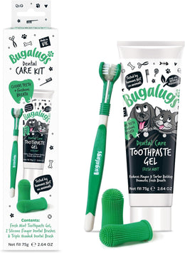 Bugalugs Dog and Cat Dental Care Kit: Toothpaste, 2 Finger Cat Toothbrushes, Dog Toothbrush for Plaque Removal and Fresh Breath