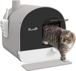 PawHut Hooded Cat Litter Tray with Slide-Out Drawer, Enclosed Cat Litter Box with Anti-Tracking Mat, Scoop, Filter for Odor Control, Flap Door, Easy Cleaning, 43 x 44 x 47cm,Light Grey