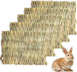 5 Pack Woven Bed Mat for Rabbit, Small Animal Grass Mat Bedding Nest 28×22 cm Natural Hay Chew Toy Bed for Bunny Guinea Pig Chinchilla Hamster