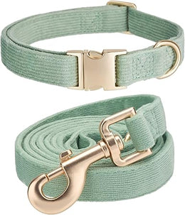 Dog Collar and Lead Set Small,Soft Non-irritant Corduroy Collar Leash Matching Combo for Daily Walking,Sage Green