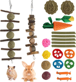 Natural Rabbit Toys Boredom Breaker 21-piece Set, Chew and Activity Toys for Rabbits Hamsters Guinea Pigs, Wooden and Straw Small Animal Tools for Teeth Grinding Play Enrichment Daily Exercise
