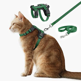 Plutus Pet Adjustable Cat Harness and Lead Set, Quick Release, Escape Proof Nylon Vest with Leather Trim for Kitten, Small Medium Large Cats, Green