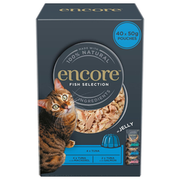 Encore 100 Percent Natural Wet Cat Food, Multipack Fish Selection in Jelly Pouch, 50g (Pack of 40 Pouches)