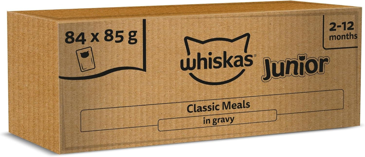 Whiskas Junior Classic Selection in Gravy 84 Pouches, Wet Kitten and Cat Food, Selection of Beef, Lamb, Chicken and Poultry, Megapack (84 x 85 g)