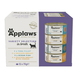 Applaws 100% Natural Adult Wet Cat Food, 12x70g Tins, Multipack Fish and Chicken Mixed Selection in Broth 70g Can