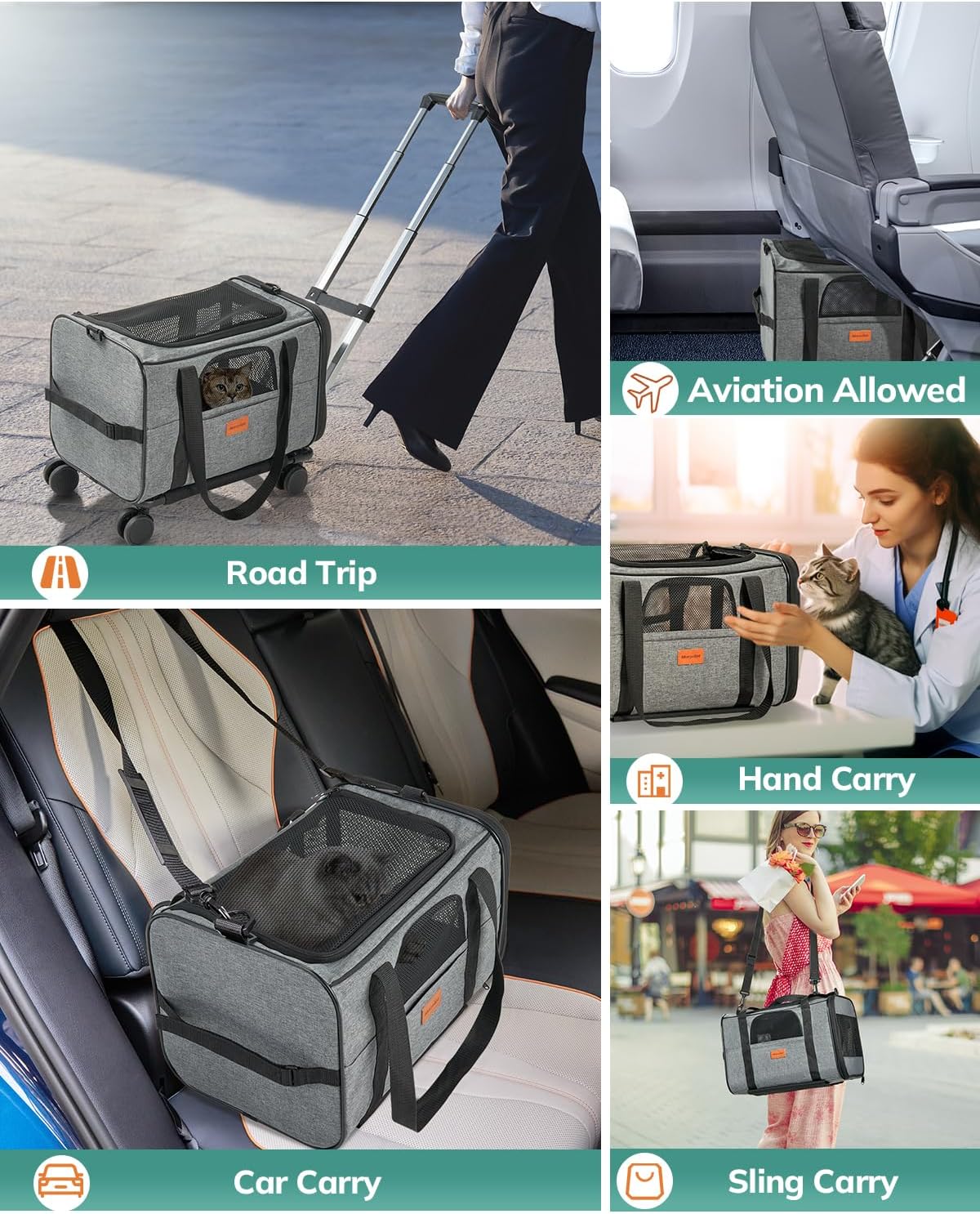 Morpilot Cat Carrier with Wheels Airline Approved, Pet Dog Carrier with Wheels for Small Dogs, Rolling Cat Carrier for Large Cats Puppy Stroller Detachable and Foldable Pet Travel Bag Dark Gray