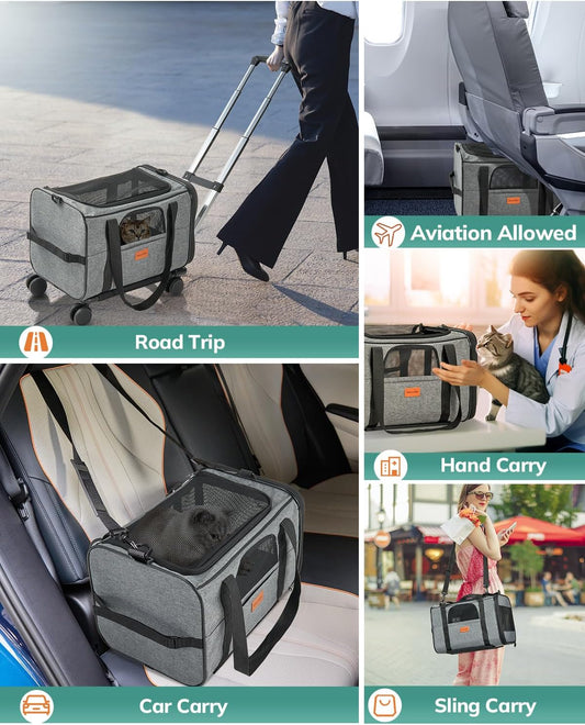 Morpilot Cat Carrier with Wheels Airline Approved, Pet Dog Carrier with Wheels for Small Dogs, Rolling Cat Carrier for Large Cats Puppy Stroller Detachable and Foldable Pet Travel Bag Dark Gray